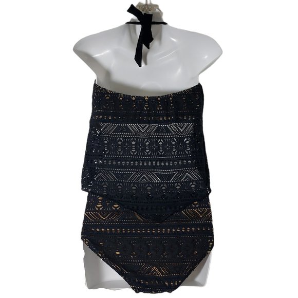 Becca Womens Black Crochet Sheer Halter Tankini Tw - Picture 2 of 8